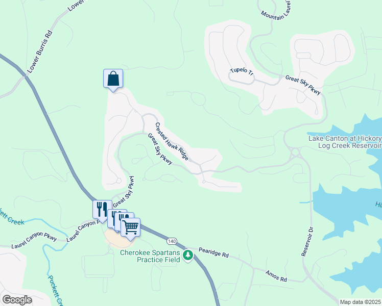 map of restaurants, bars, coffee shops, grocery stores, and more near 535 Crested Hawk Ridge in Canton