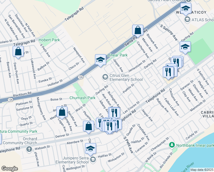 map of restaurants, bars, coffee shops, grocery stores, and more near 9655 Darling Road in Ventura