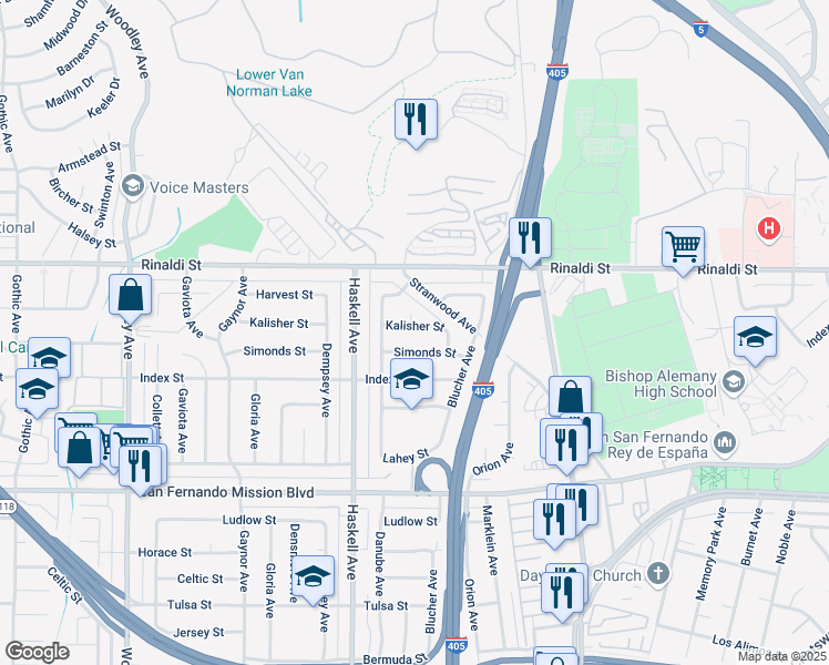 map of restaurants, bars, coffee shops, grocery stores, and more near 15664 Kalisher Street in Los Angeles