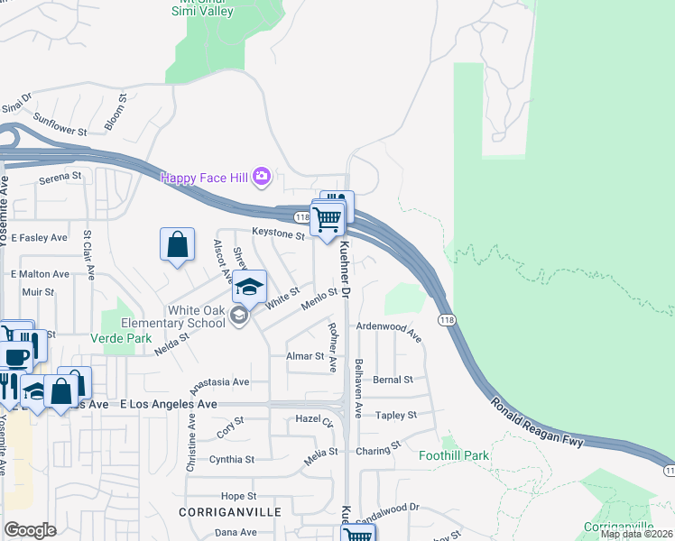 map of restaurants, bars, coffee shops, grocery stores, and more near 2290 Rohner Court in Simi Valley