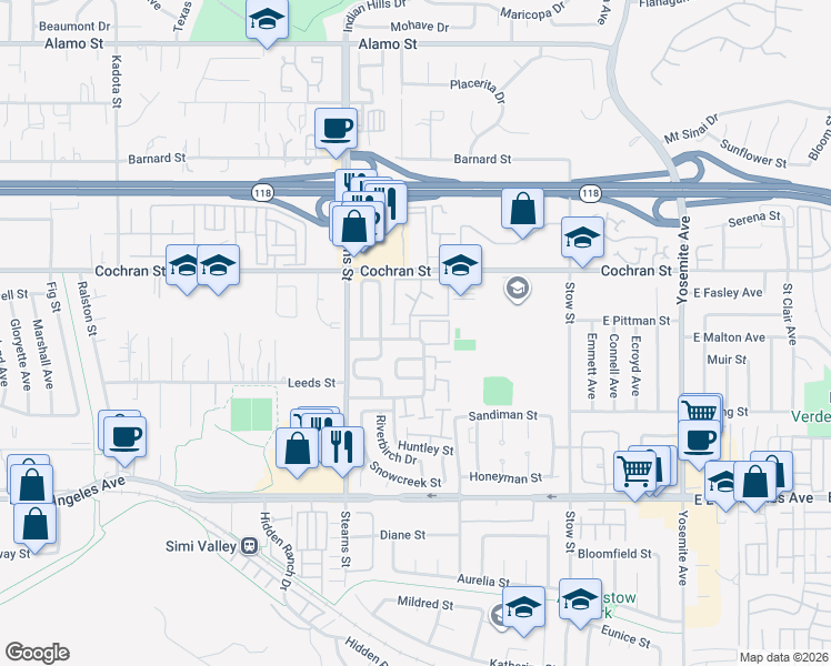map of restaurants, bars, coffee shops, grocery stores, and more near 5342 Birchcroft Street in Simi Valley