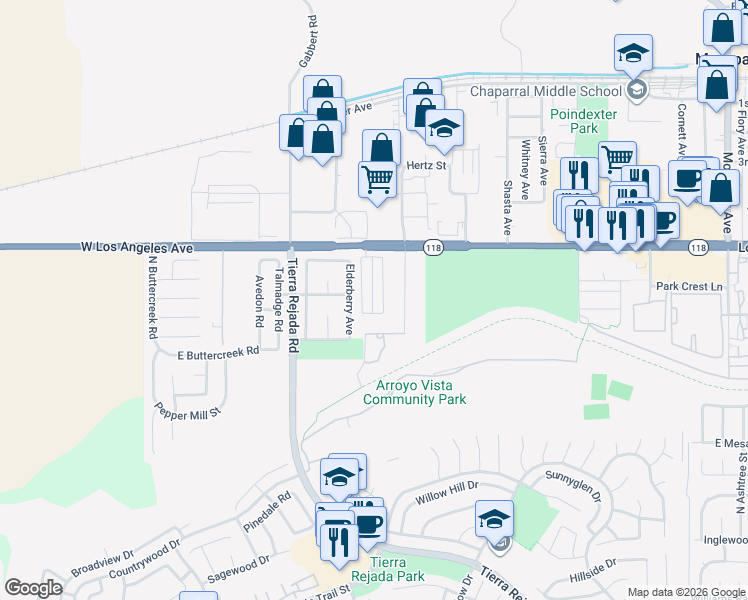 map of restaurants, bars, coffee shops, grocery stores, and more near Arroyo Run in Moorpark