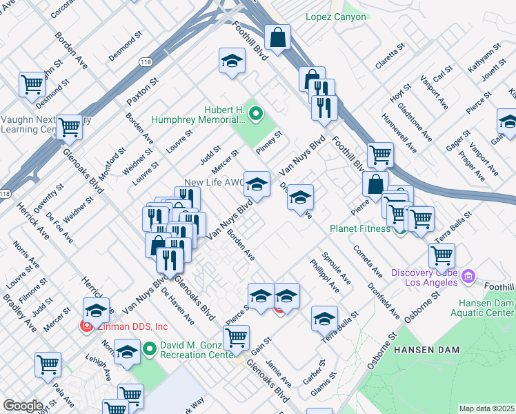 map of restaurants, bars, coffee shops, grocery stores, and more near 12550 Van Nuys Boulevard in Los Angeles