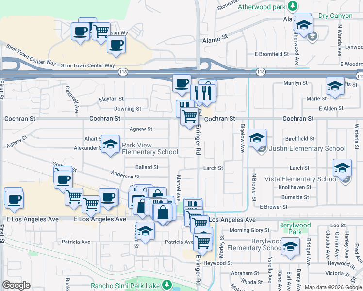 map of restaurants, bars, coffee shops, grocery stores, and more near 1815 Pamela Court in Simi Valley