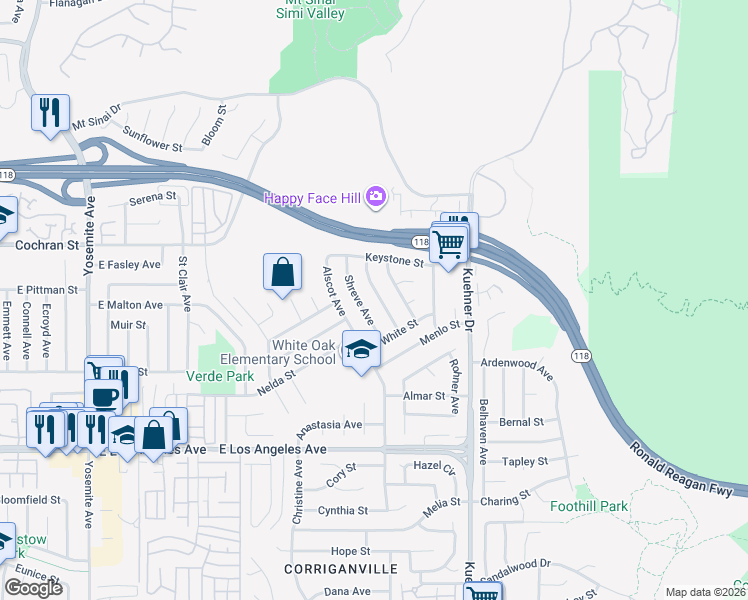 map of restaurants, bars, coffee shops, grocery stores, and more near 2259 Shreve Avenue in Simi Valley
