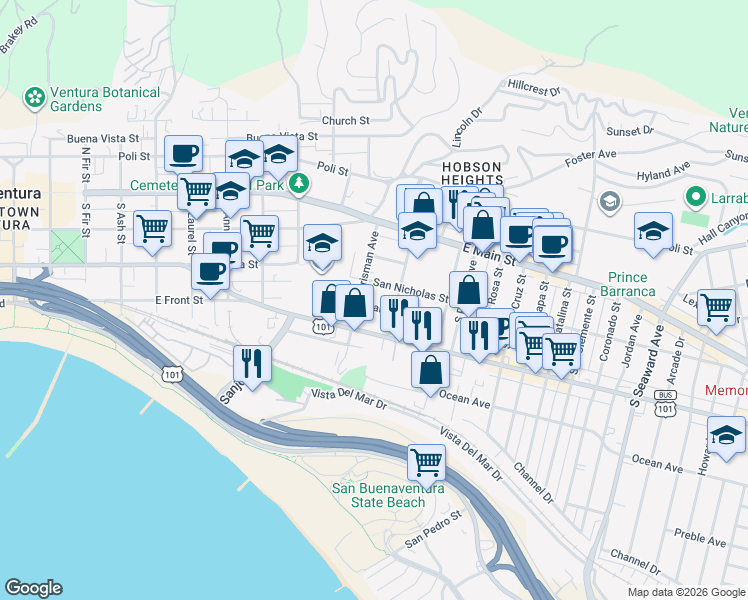 map of restaurants, bars, coffee shops, grocery stores, and more near in Ventura