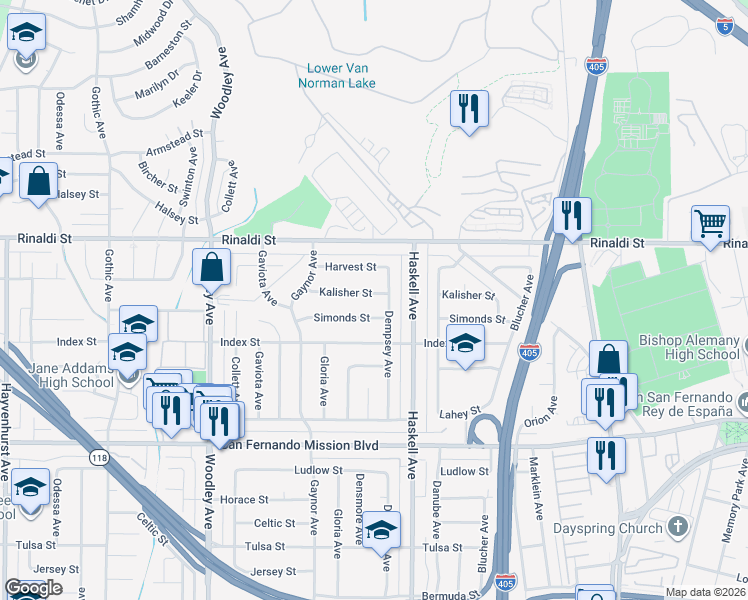 map of restaurants, bars, coffee shops, grocery stores, and more near 15844 Kalisher Street in Los Angeles