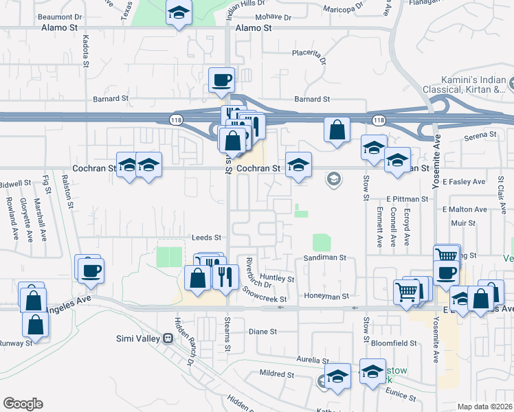 map of restaurants, bars, coffee shops, grocery stores, and more near 2319 Archwood Lane in Simi Valley