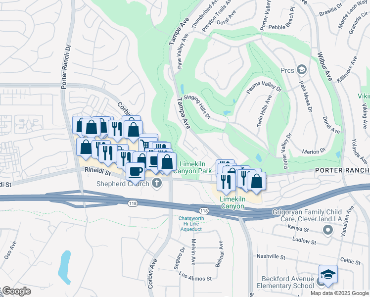 map of restaurants, bars, coffee shops, grocery stores, and more near 11435 Tampa Avenue in Los Angeles