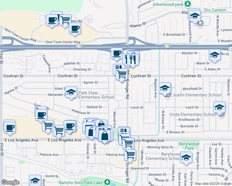 map of restaurants, bars, coffee shops, grocery stores, and more near 1815 Pamela Court in Simi Valley