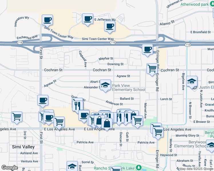 map of restaurants, bars, coffee shops, grocery stores, and more near 1500 Alexander Street in Simi Valley
