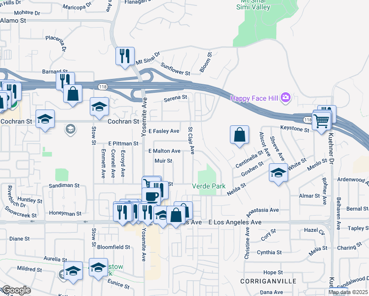 map of restaurants, bars, coffee shops, grocery stores, and more near 5969 East Malton Avenue in Simi Valley