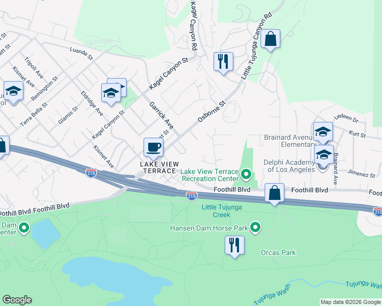 map of restaurants, bars, coffee shops, grocery stores, and more near 11260 Osborne Street in Los Angeles