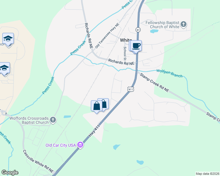 map of restaurants, bars, coffee shops, grocery stores, and more near 119 Whispering Pine Circle in Cartersville