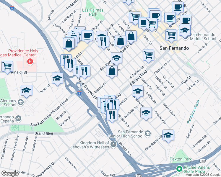 map of restaurants, bars, coffee shops, grocery stores, and more near 11417 Amboy Avenue in San Fernando
