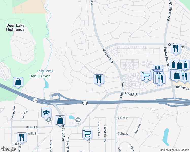 map of restaurants, bars, coffee shops, grocery stores, and more near 20704 Bergamo Way in Los Angeles