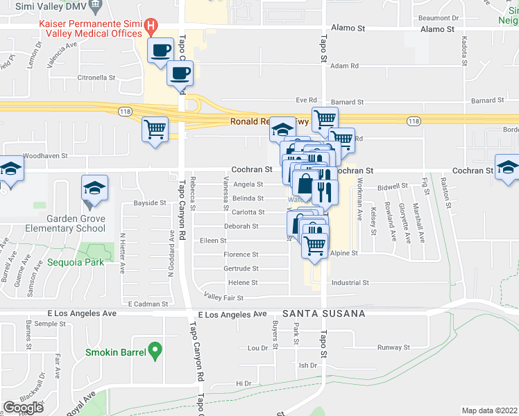 map of restaurants, bars, coffee shops, grocery stores, and more near 4193 Carlotta Street in Simi Valley