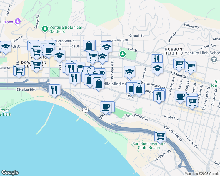 map of restaurants, bars, coffee shops, grocery stores, and more near 1160 East Thompson Boulevard in Ventura