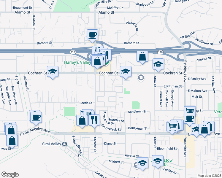 map of restaurants, bars, coffee shops, grocery stores, and more near 5342 Birchcroft Street in Simi Valley