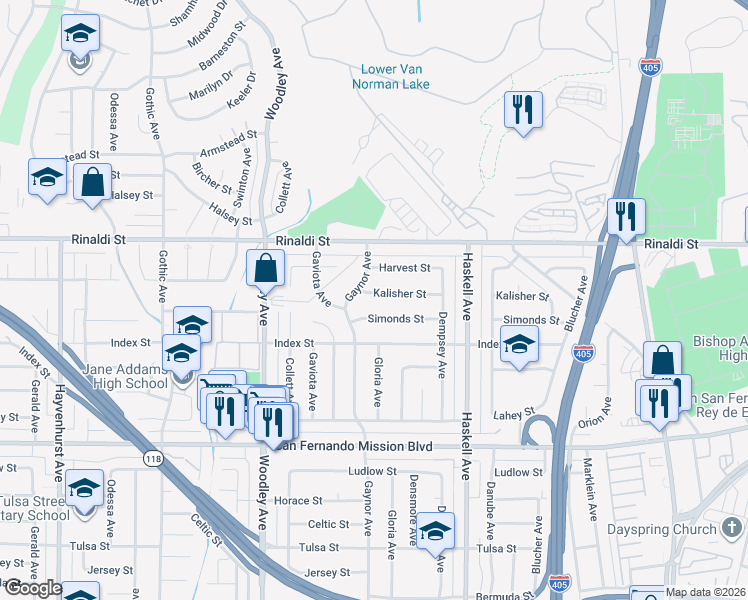 map of restaurants, bars, coffee shops, grocery stores, and more near 15952 Kalisher Street in Los Angeles