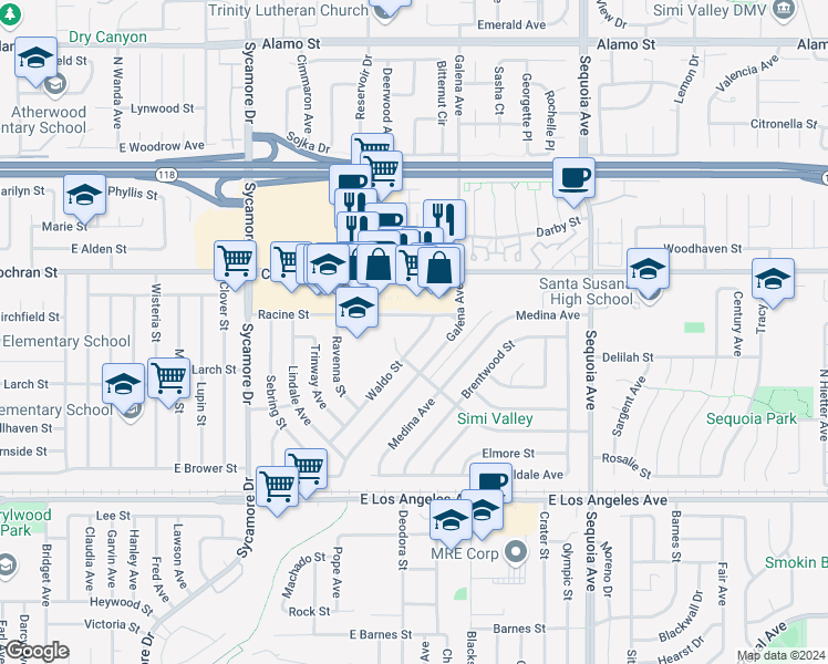 map of restaurants, bars, coffee shops, grocery stores, and more near 2349 Waldo Street in Simi Valley