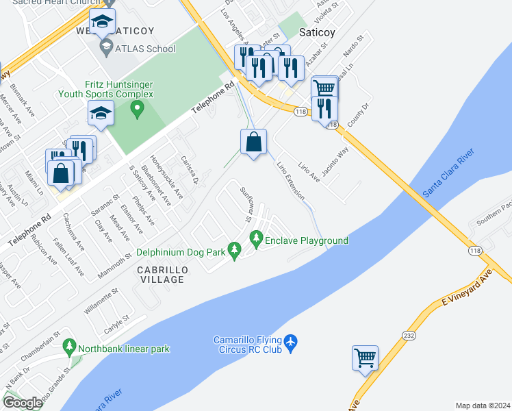 map of restaurants, bars, coffee shops, grocery stores, and more near 10796 Sunflower Street in Ventura