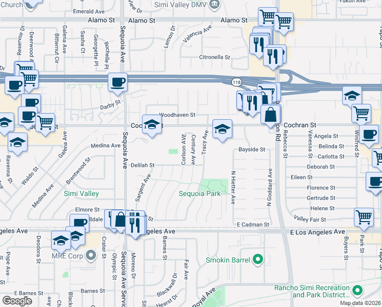 map of restaurants, bars, coffee shops, grocery stores, and more near 2321 Century Avenue in Simi Valley