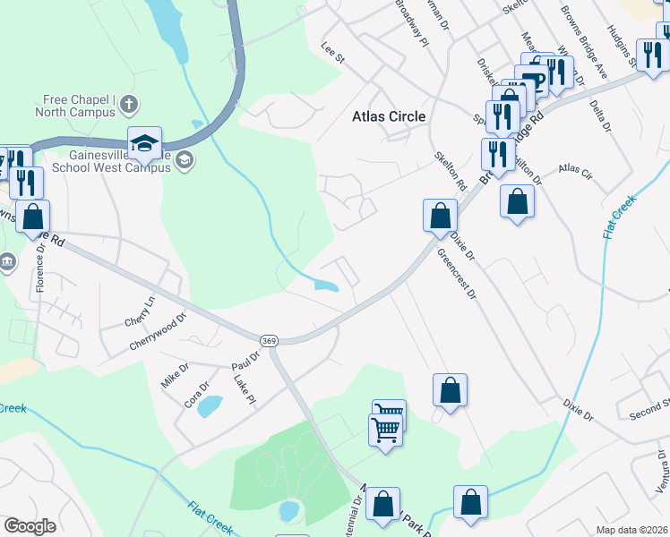 map of restaurants, bars, coffee shops, grocery stores, and more near 2354 Pine Cove Circle in Gainesville