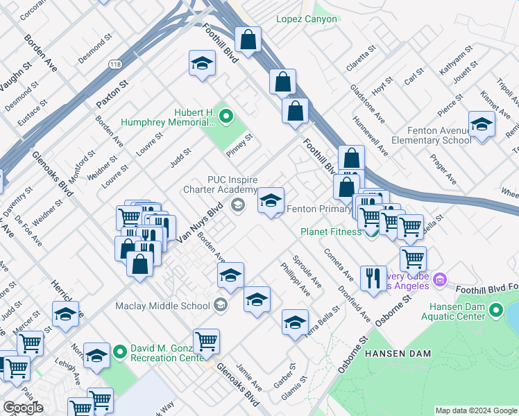 map of restaurants, bars, coffee shops, grocery stores, and more near 11351 Dronfield Avenue in Los Angeles