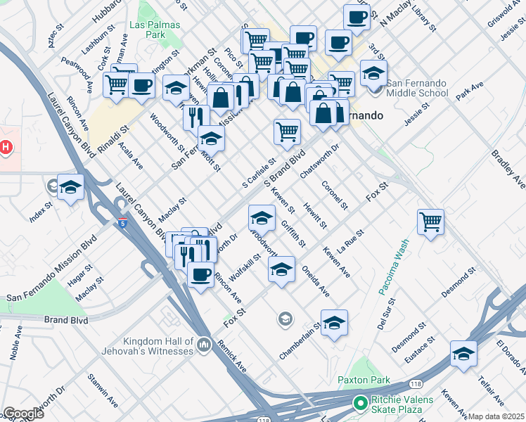 map of restaurants, bars, coffee shops, grocery stores, and more near 732 Mott Street in San Fernando