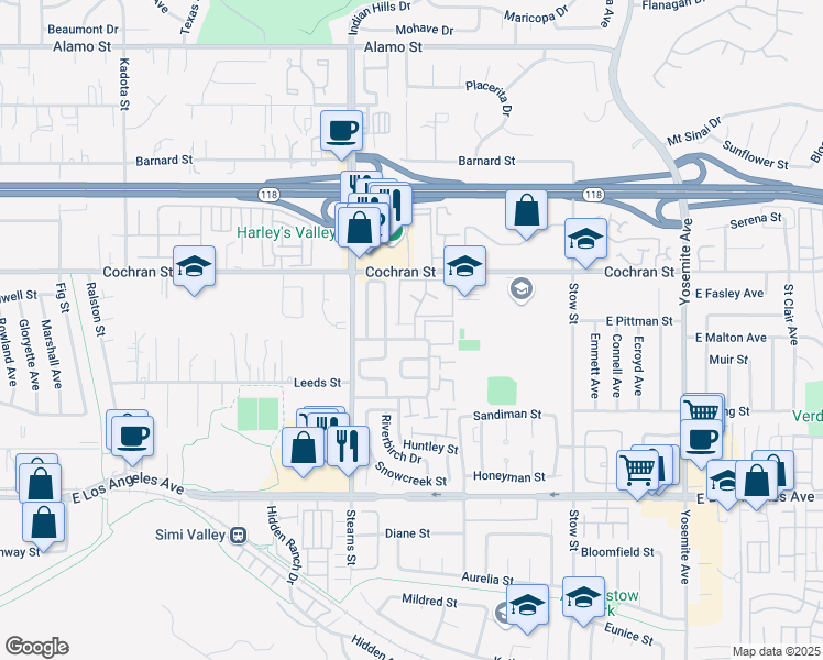 map of restaurants, bars, coffee shops, grocery stores, and more near 5342 Birchcroft Street in Simi Valley