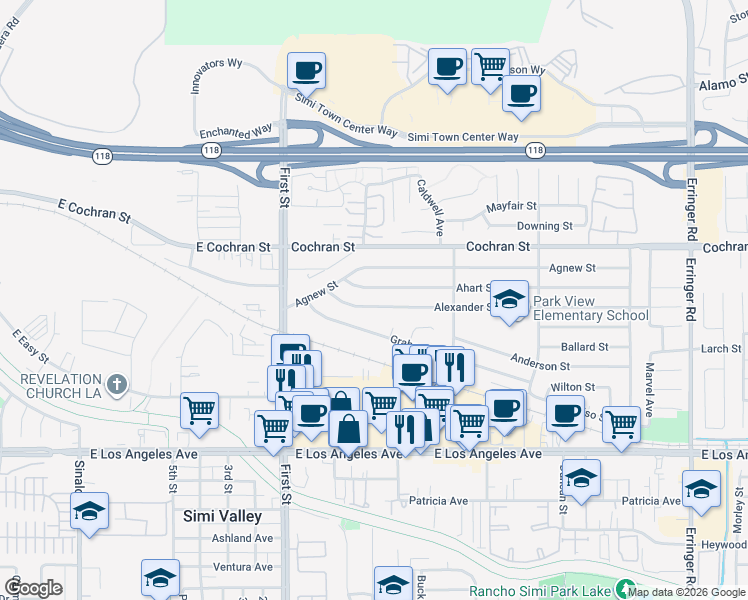 map of restaurants, bars, coffee shops, grocery stores, and more near 1294 Alexander Street in Simi Valley
