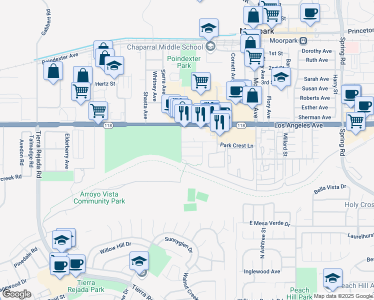 map of restaurants, bars, coffee shops, grocery stores, and more near 12412 Villa Campesina Avenue in Moorpark