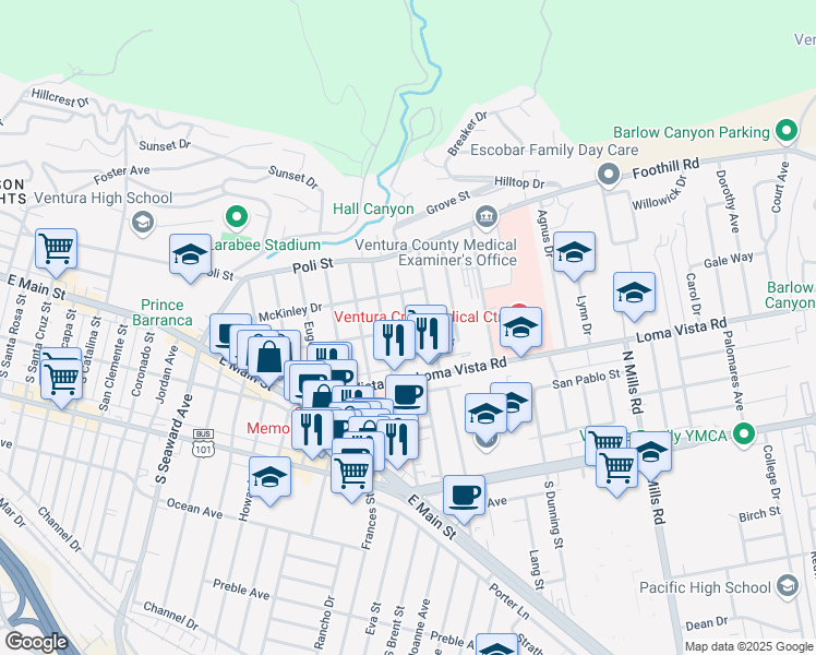 map of restaurants, bars, coffee shops, grocery stores, and more near 253 Homer Avenue in Ventura
