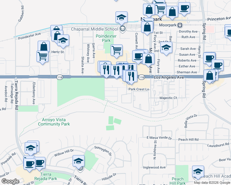 map of restaurants, bars, coffee shops, grocery stores, and more near 12568 James Weak Avenue in Moorpark