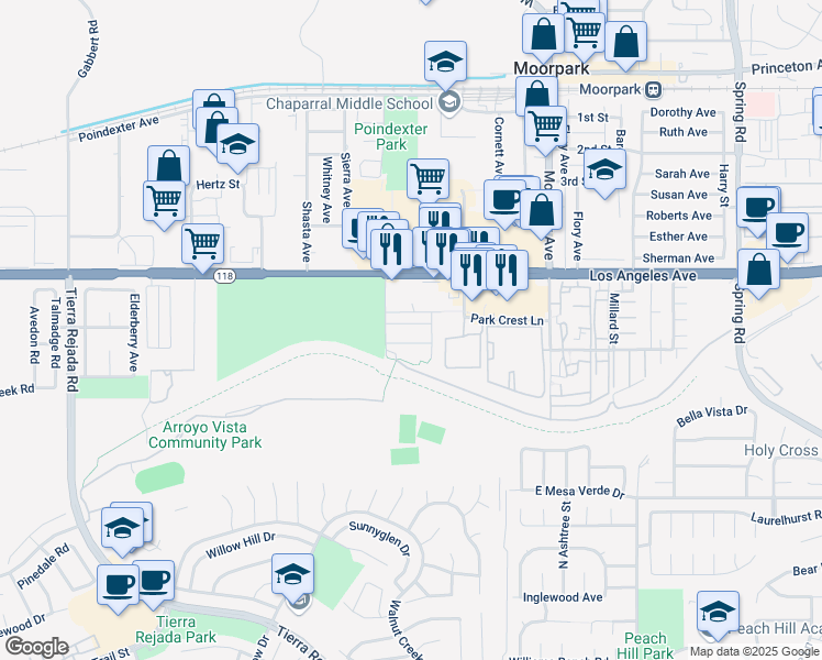 map of restaurants, bars, coffee shops, grocery stores, and more near 12490 James Weak Avenue in Moorpark