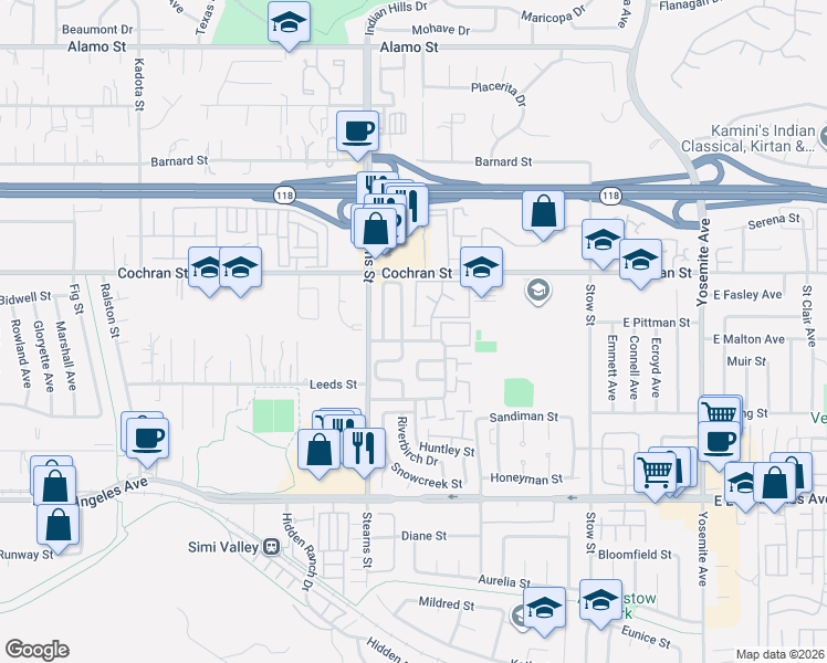 map of restaurants, bars, coffee shops, grocery stores, and more near 2319 Archwood Lane in Simi Valley