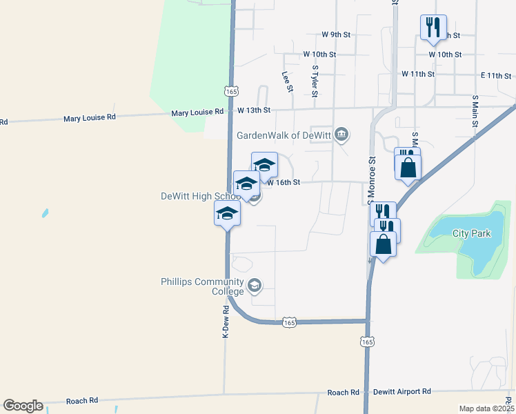 map of restaurants, bars, coffee shops, grocery stores, and more near 1614 South Grandview Drive in DeWitt