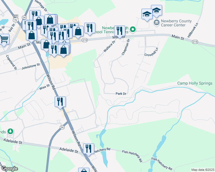 map of restaurants, bars, coffee shops, grocery stores, and more near 1105 Wallace Drive in Newberry