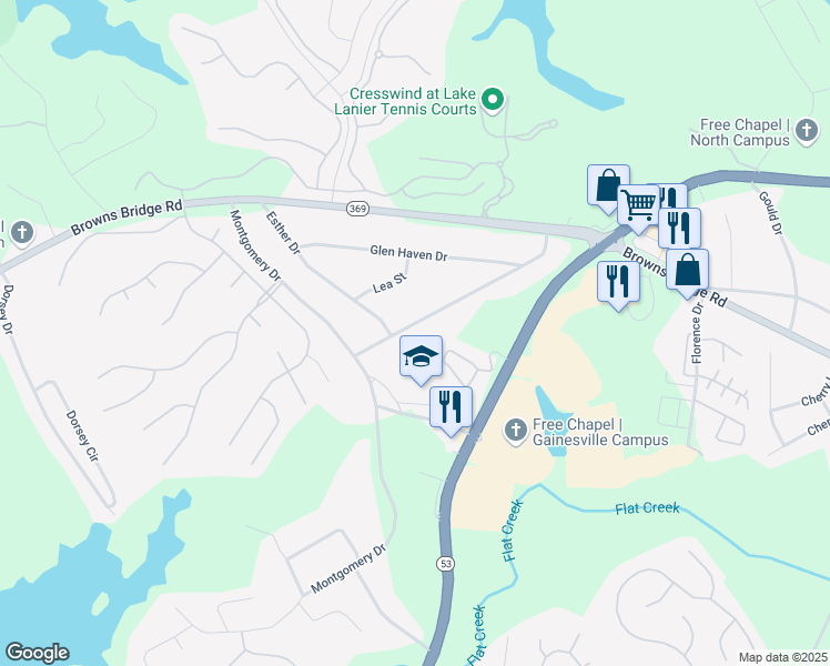 map of restaurants, bars, coffee shops, grocery stores, and more near 3265 Montgomery Drive in Gainesville