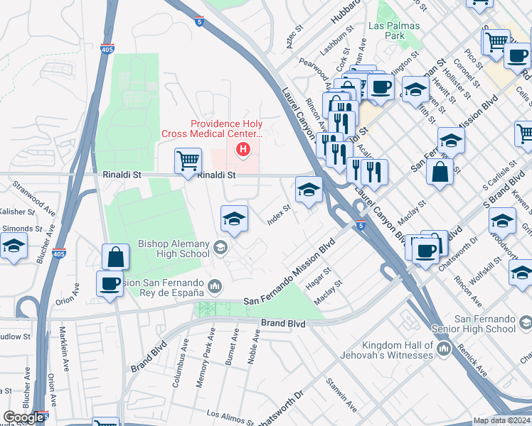 map of restaurants, bars, coffee shops, grocery stores, and more near 14944 Simonds Street in Los Angeles