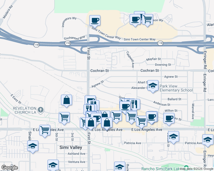 map of restaurants, bars, coffee shops, grocery stores, and more near 1227 Alexander Street in Simi Valley