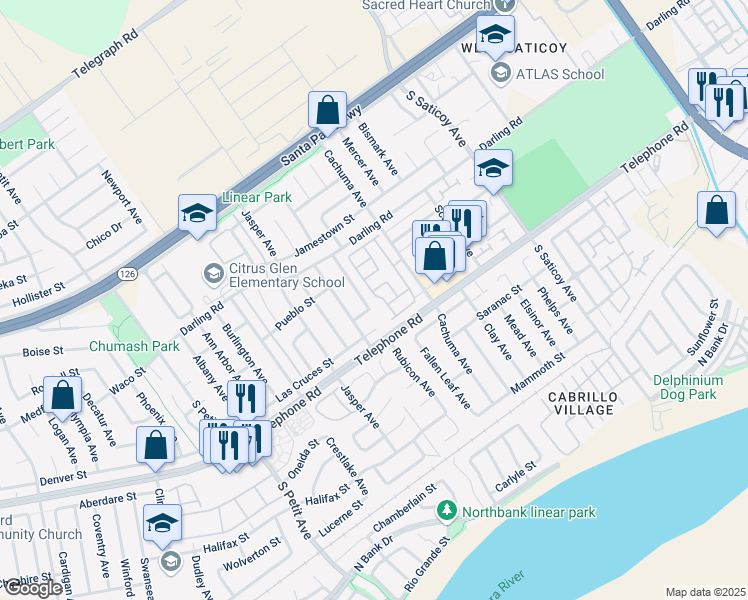 map of restaurants, bars, coffee shops, grocery stores, and more near 1025 Cachuma Avenue in Ventura