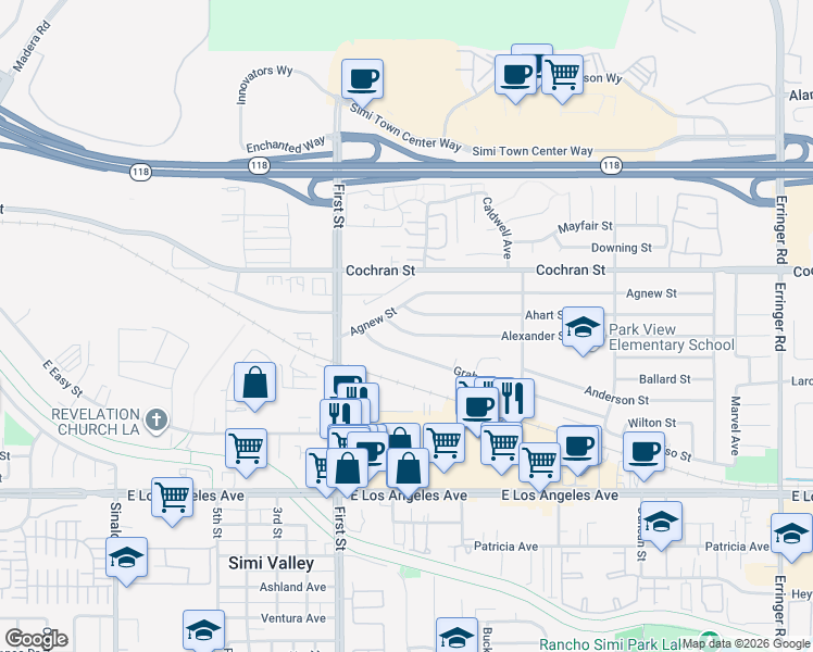 map of restaurants, bars, coffee shops, grocery stores, and more near 1227 Alexander Street in Simi Valley