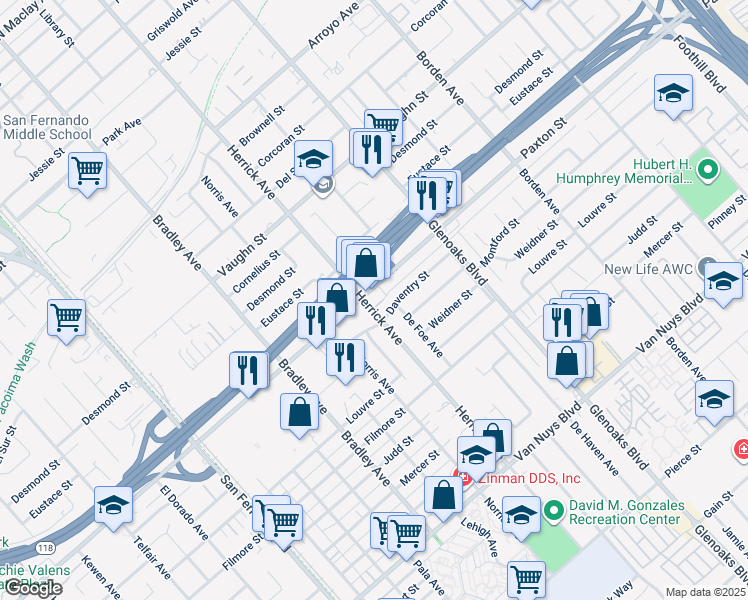 map of restaurants, bars, coffee shops, grocery stores, and more near 13236 Paxton Street in Los Angeles