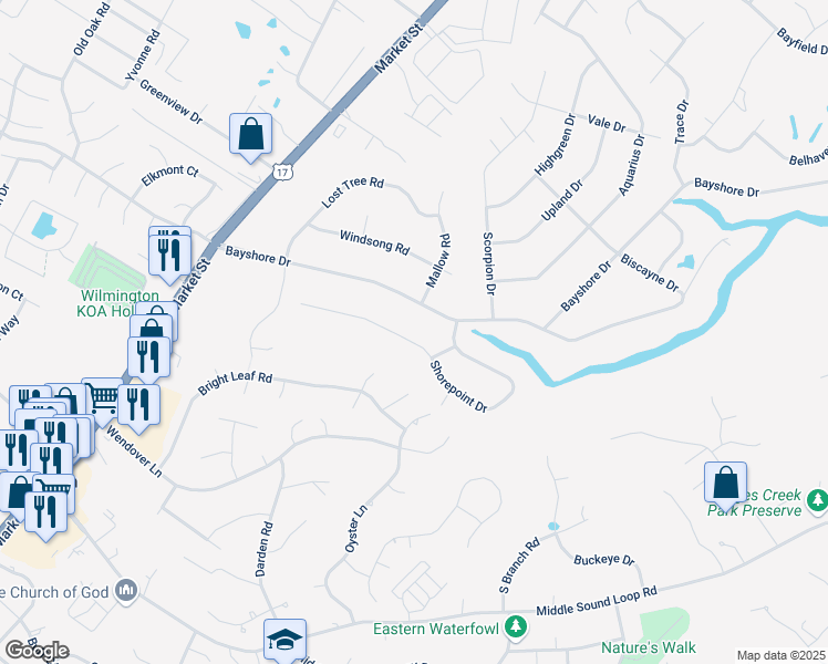 map of restaurants, bars, coffee shops, grocery stores, and more near 249 Shorepoint Drive in Wilmington