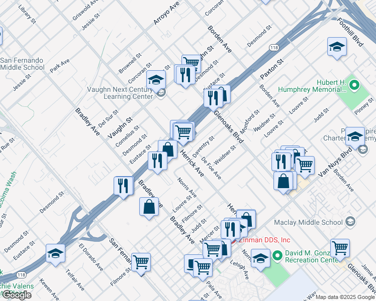 map of restaurants, bars, coffee shops, grocery stores, and more near 13215 Daventry Street in Los Angeles