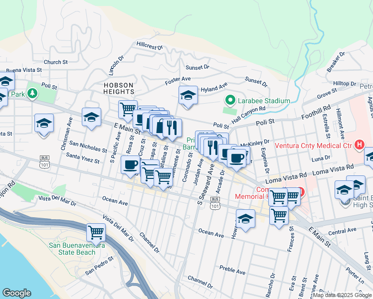 map of restaurants, bars, coffee shops, grocery stores, and more near 2176 Main Street in Ventura