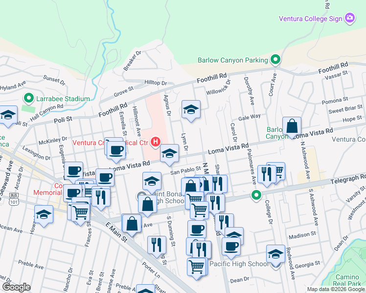 map of restaurants, bars, coffee shops, grocery stores, and more near 229 Lynn Drive in Ventura