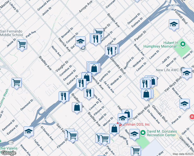 map of restaurants, bars, coffee shops, grocery stores, and more near 13236 Paxton Street in Los Angeles